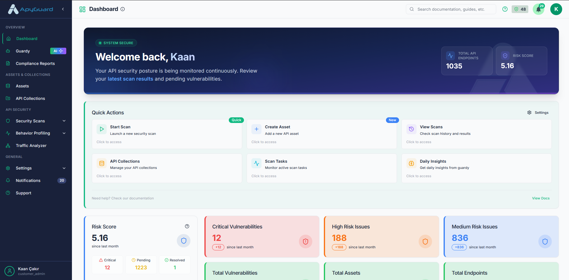 ApyGuard dashboard overview with API security score and recent findings